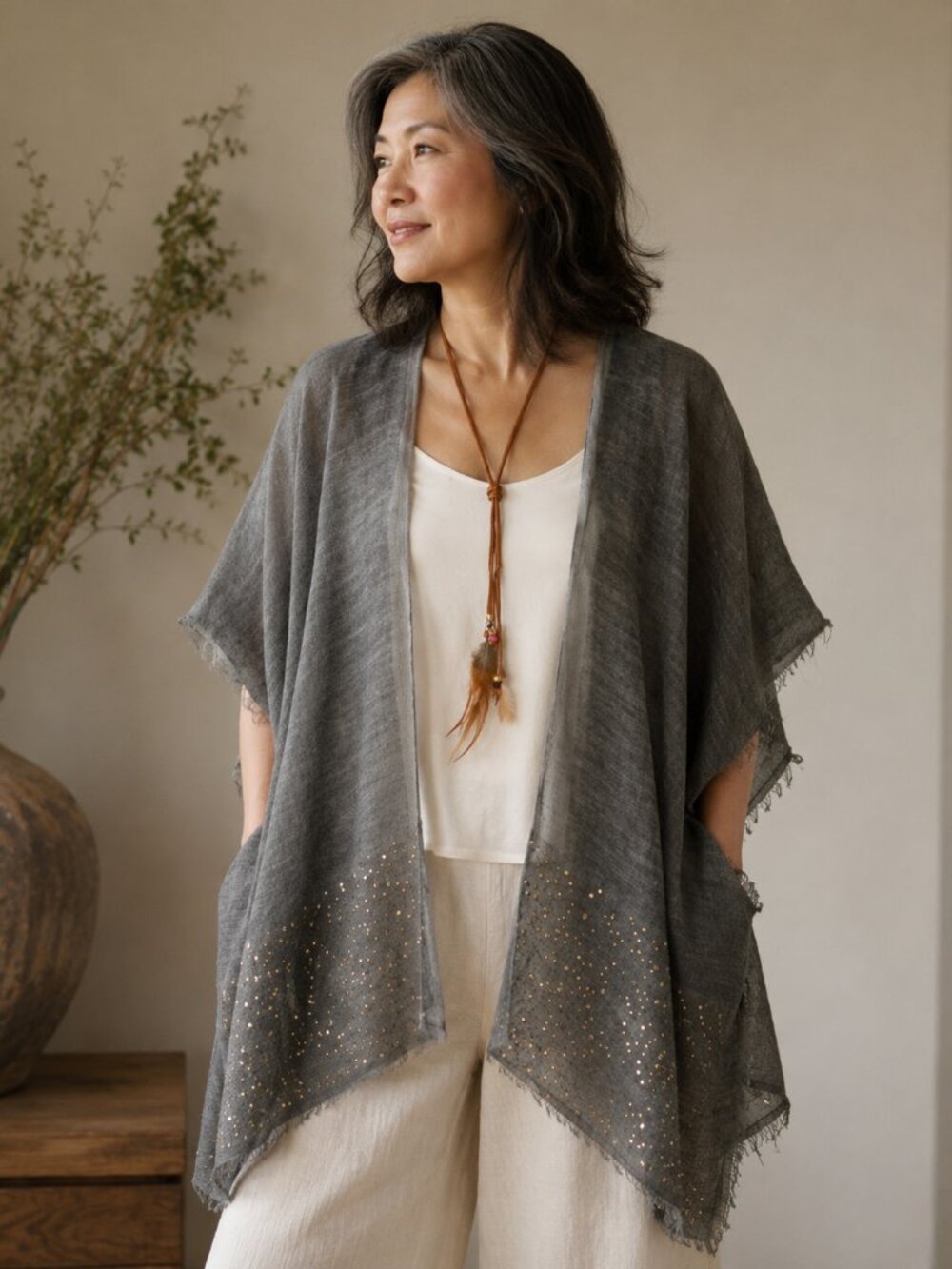 draped kimono top with sequins